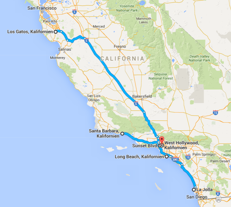Zur Karte im Detail: https://goo.gl/maps/Ewu2VvcnxQn <p>Zur Karte im Detail: <a href="https://www.google.ch/maps/dir/Los+Gatos,+Kalifornien,+USA/Long+Beach,+Kalifornien,+USA/Santa+Barbara,+Kalifornien,+USA/La+Jolla,+San+Diego,+Kalifornien,+USA/Sunset+Blvd,+Los+Angeles,+CA,+USA/West+Hollywood,+Kalifornien,+USA/@35.0236647,-121.8367519,7z/am=t/data=!3m1!4b1!4m38!4m37!1m5!1m1!1s0x808e34365377033f:0xef675301ac748ca6!2m2!1d-121.9623751!2d37.2358078!1m5!1m1!1s0x80c2cae84099d759:0xa1003afac42a8faa!2m2!1d-118.1937395!2d33.7700504!1m5!1m1!1s0x80e914c76f2d83d5:0xc8d13a64d7ba7648!2m2!1d-119.6981901!2d34.4208305!1m5!1m1!1s0x80dbd0764fcc0ecd:0xfce51ef45c1d3094!2m2!1d-117.2712717!2d32.8328112!1m5!1m1!1s0x80c2bc0a3c44c8cf:0x202f1024a3625ac9!2m2!1d-118.4229548!2d34.0798825!1m5!1m1!1s0x80c2bed921f033e3:0x50e44c2d0e8a26a7!2m2!1d-118.3617443!2d34.0900091!3e0" target="_blank">https://goo.gl/maps/Ewu2VvcnxQn</a></p><br/>