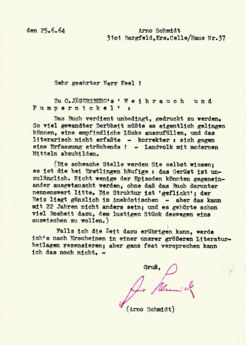 Arno Schmidt über Weihrauch und Pumpernickel, in einem Brief an Daniel Keel, 1964.