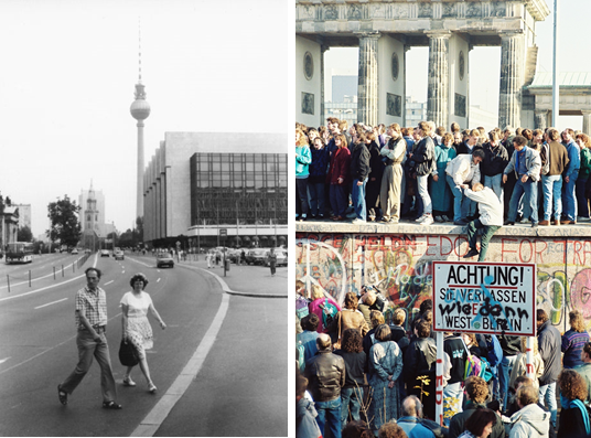 Der Marx-Engels-Platz und der Palast der Republik in Ost-Berlin im Sommer 1989. Am Brandenburger Tor, November 1989. Foto links: Arne List (Eigenes Werk) [GFDL oder CC-BY-SA-3.0], via Wikimedia Commons / Foto rechts: Sue Ream, [CC BY 3.0], via Wikimedia Commons.
