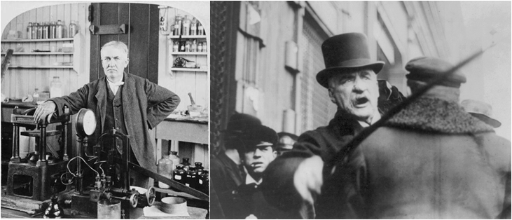 Links: Thomas Edison in seinem Labor (1901), rechts: J.P. Morgan, der sich nicht gerne fotografieren liess.