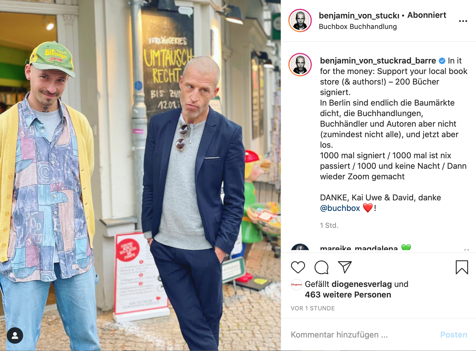 Jetzt lokal einkaufen, empfiehlt Benjamin von Stuckrad-Barre auf Instagram