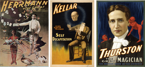 Alte Werbeplakate der Zauberkünstler Herrmann the Great (1844 – 1896), Harry Kellar (1849 – 1922) und Howard Thurston (1869 – 1936), von denen das Buchcover von ›Der Trick‹ inspiriert ist.